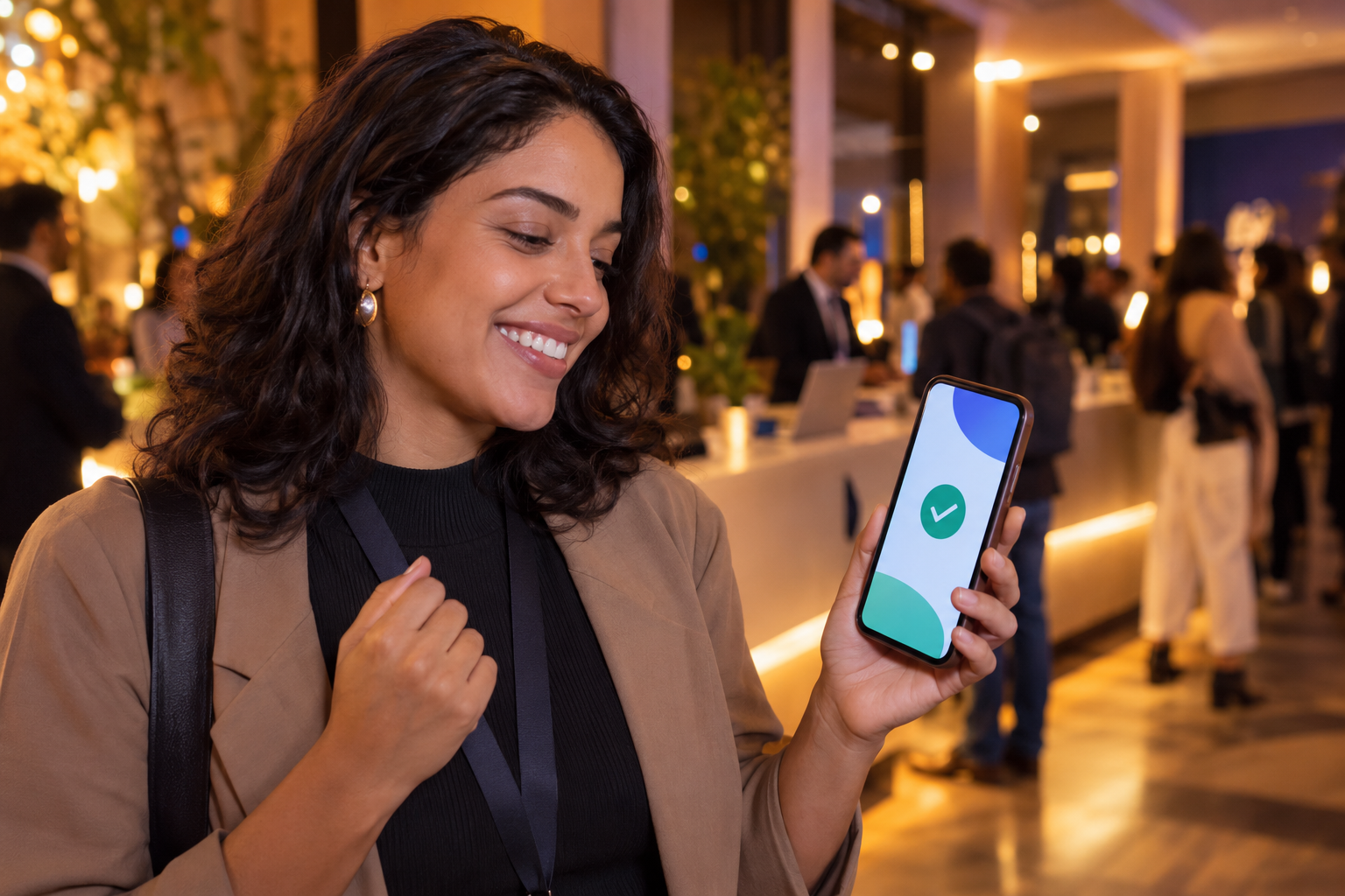 Participante confirma um pagamento seguro no celular dentro do evento.